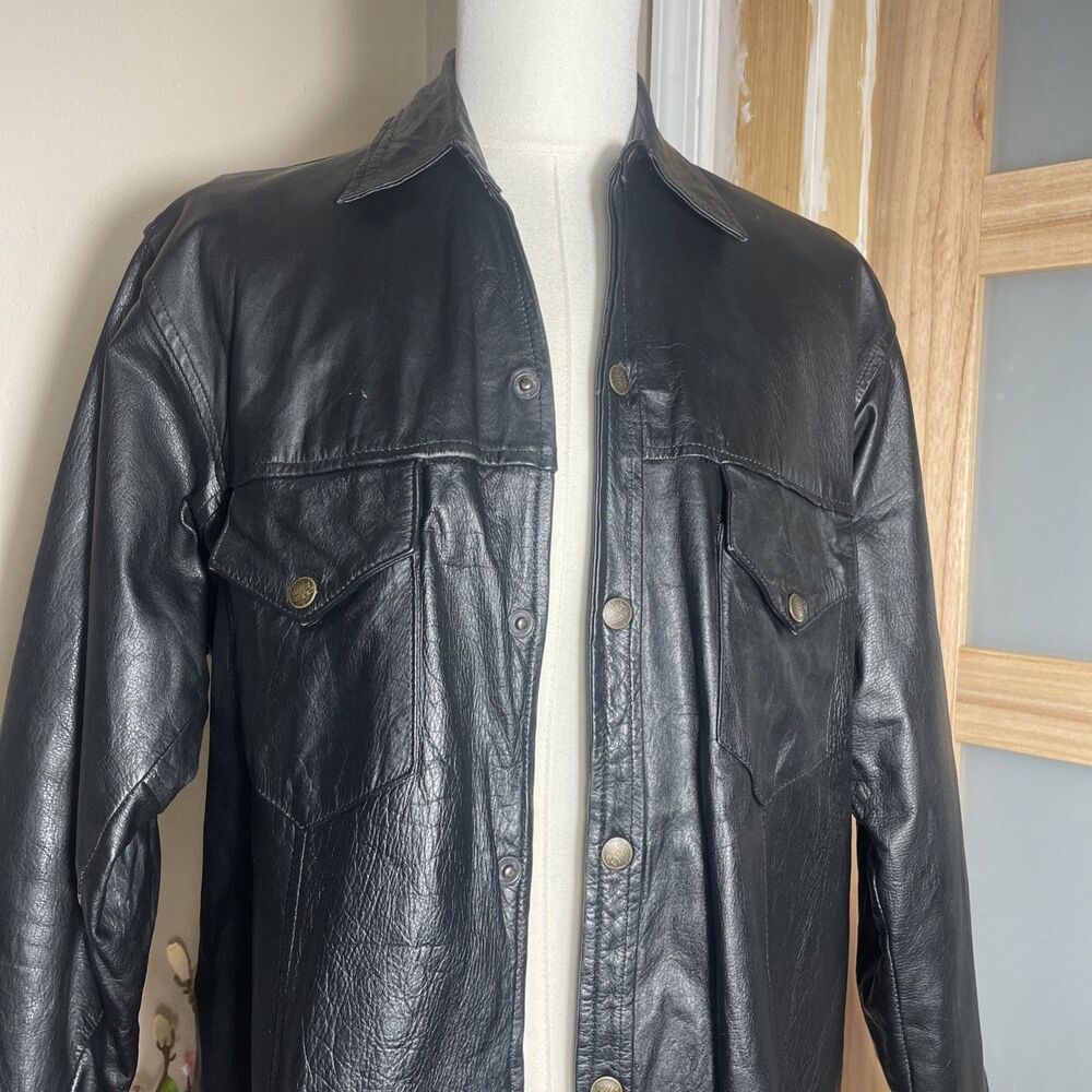 Black Leather Jacket Men XL Snap Front Western Trucker Overshirt Wild Rider